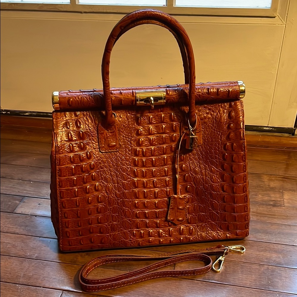 Borse in Pelle Italian Leather Brown Crocodile-Embossed Top handle Handbag